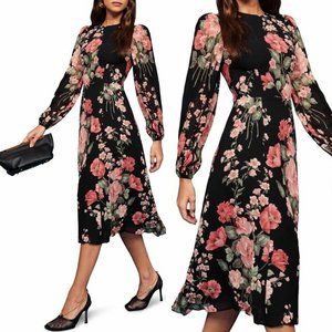 Reformation Luanne Midi Dress Sz 0 Black Floral Print Long Sleeves High Neck
